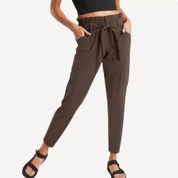 Athleta 6 Skyline Paper Bag Waist Ankle Length Travel Pants Army Olive Green - Picture 2 of 15